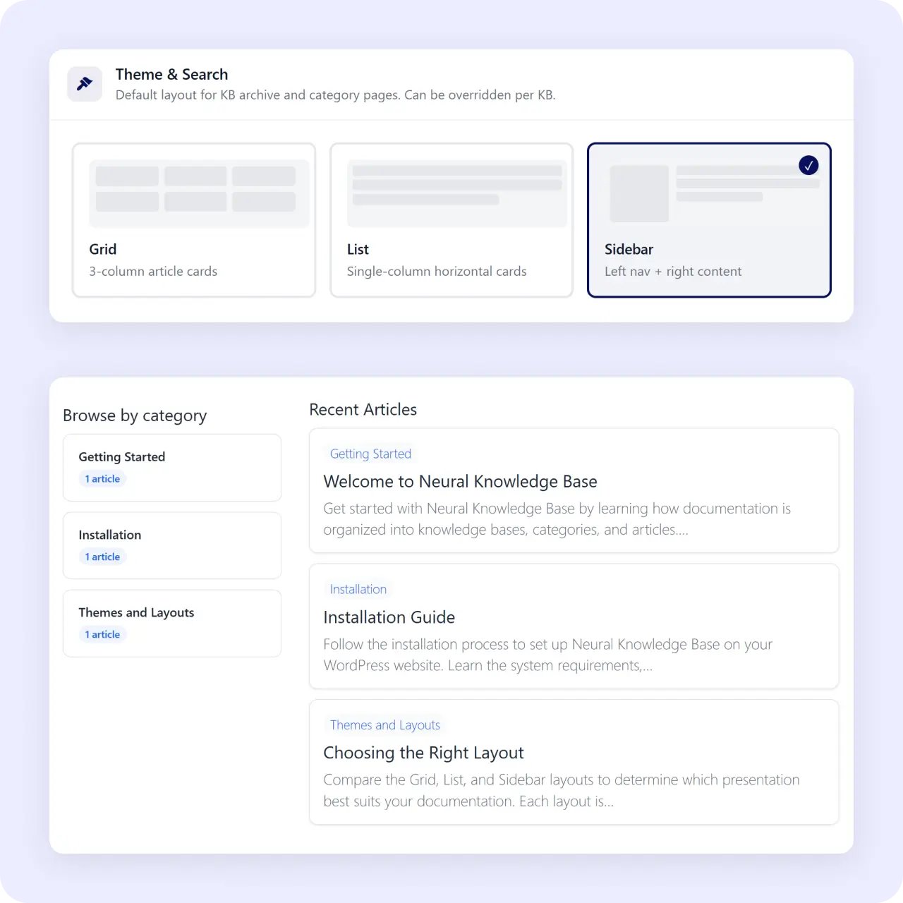 Neural Knowledge Base grid list sidebar theme style
